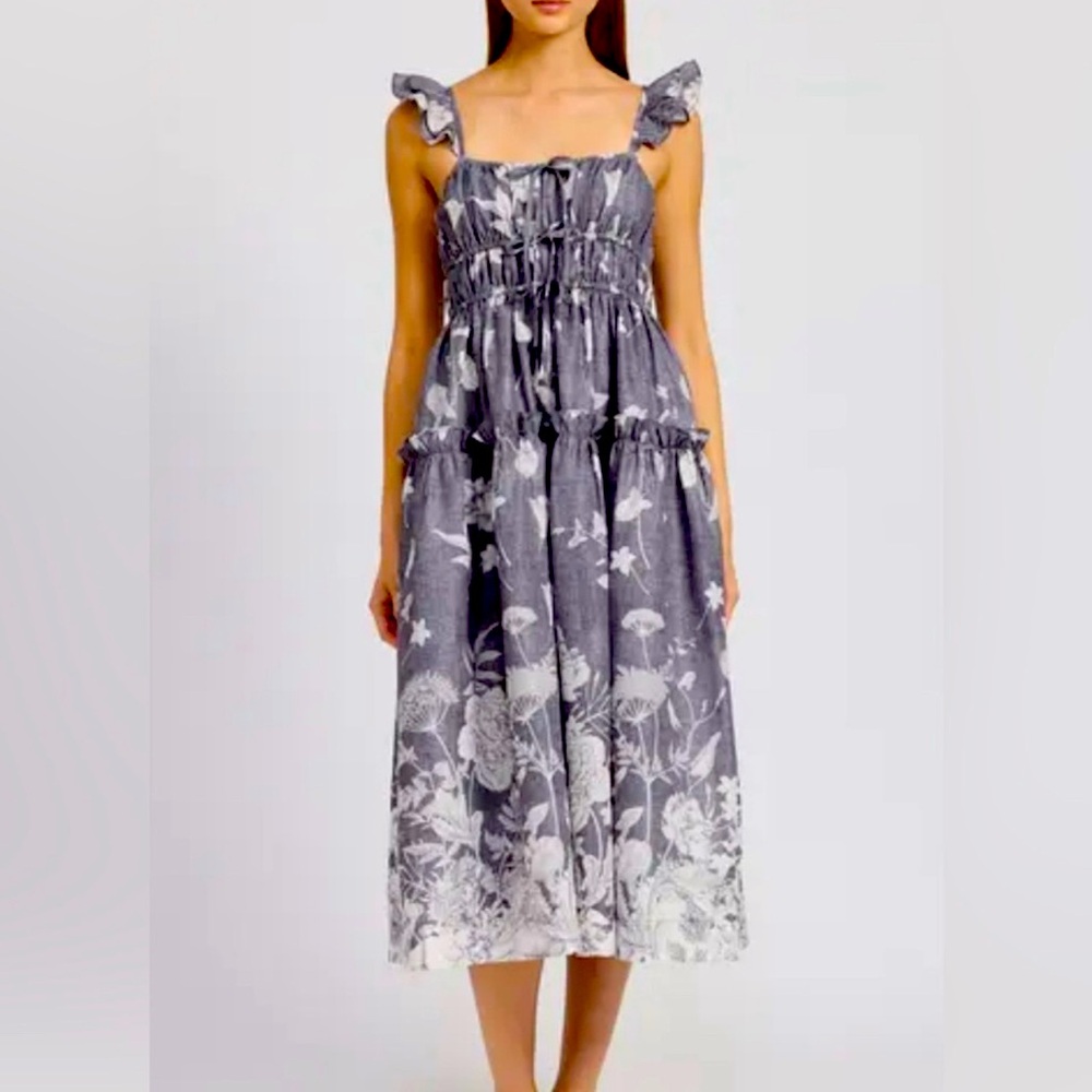En Saison Gray & White MAXI Full Skirt NEW Dress! ELASTIC in Bodice & Straps.
